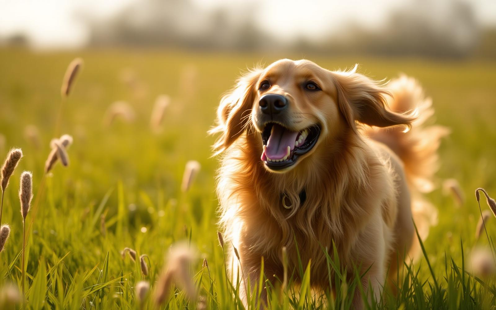 Golden retriever running through a sunlit meadow